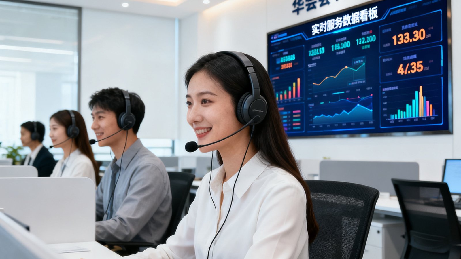 华体会HTH客服中心工作场景，明亮的办公环境中客服人员佩戴耳机专注服务，背景墙上显示实时服务数据看板