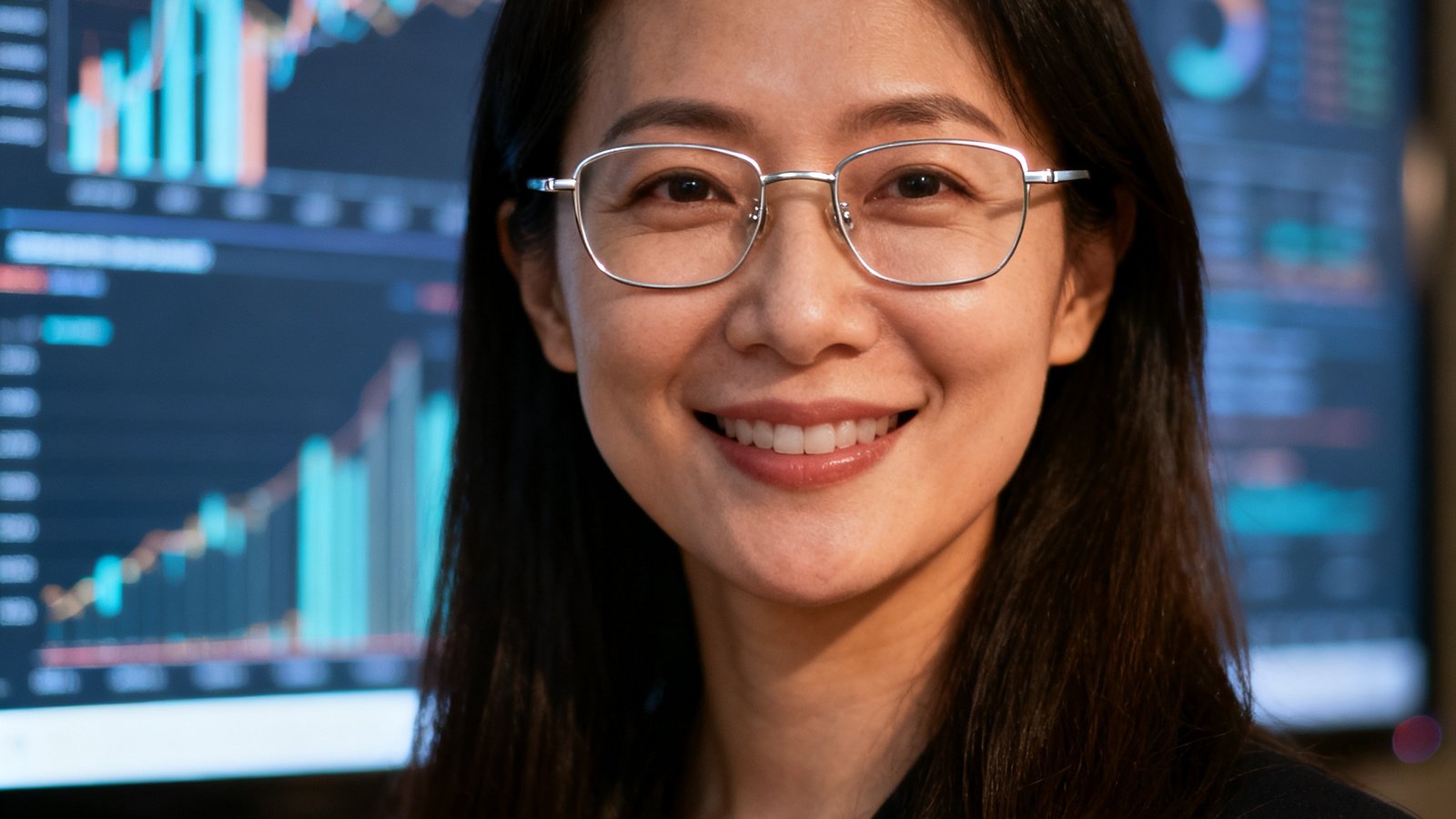 华体会HTH数据科学总监陈雨桐，30岁女性，长发披肩，戴着银色细框眼镜，在数据可视化大屏前微笑